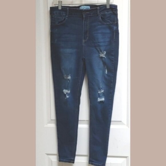 WAX JEAN dark wash blue destroyed skinny stretchy jeans size 13 - Picture 1 of 15